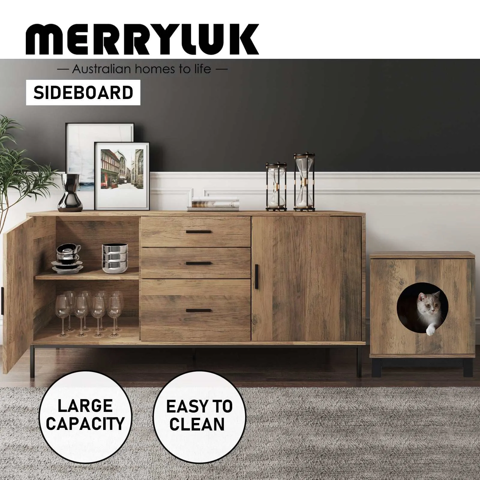 MerryLuk Bronx Buffet Sideboard Cabinet with Pet House Bedside Table Bundle