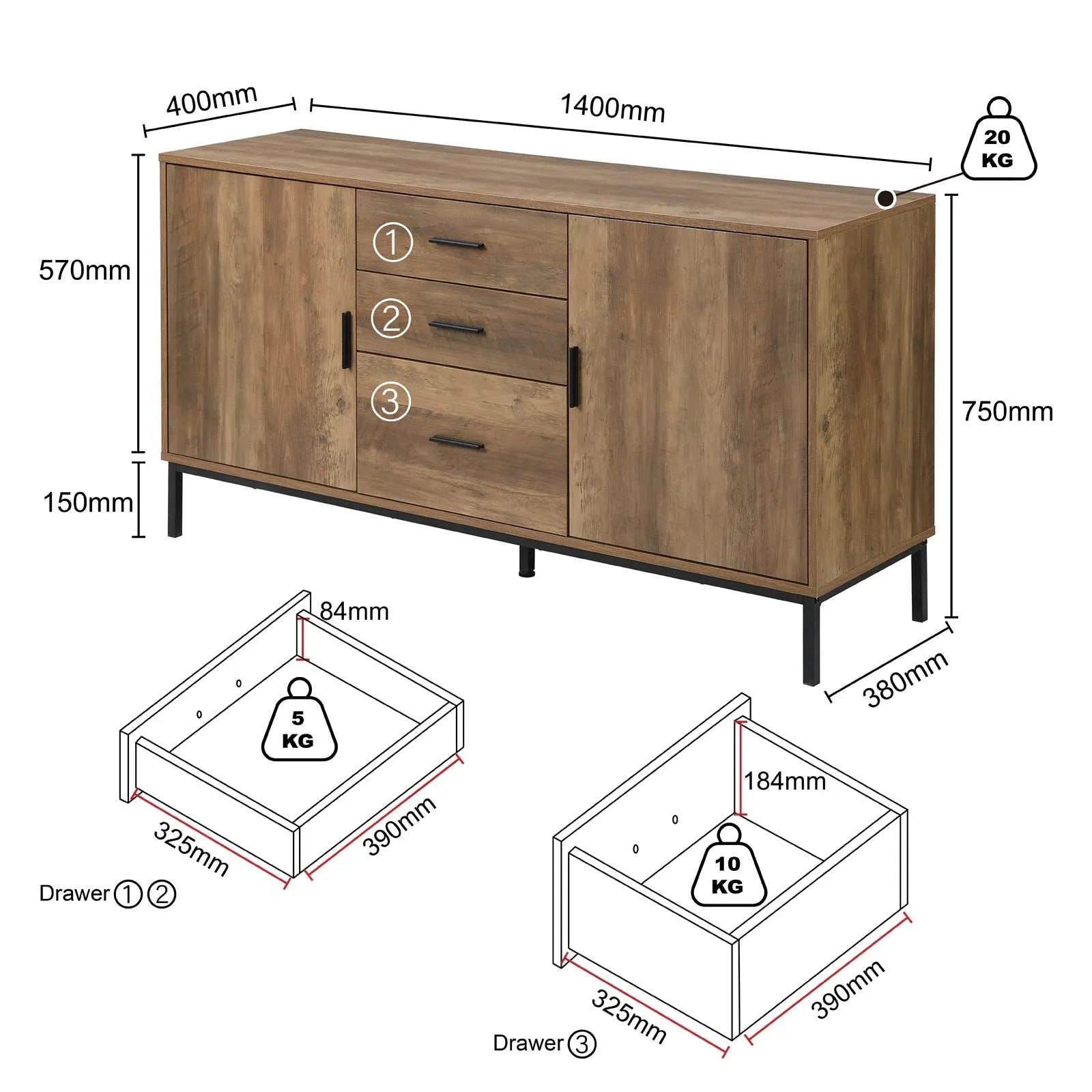 MerryLuk Bronx Buffet Sideboard Cabinet with Pet House Bedside Table Bundle