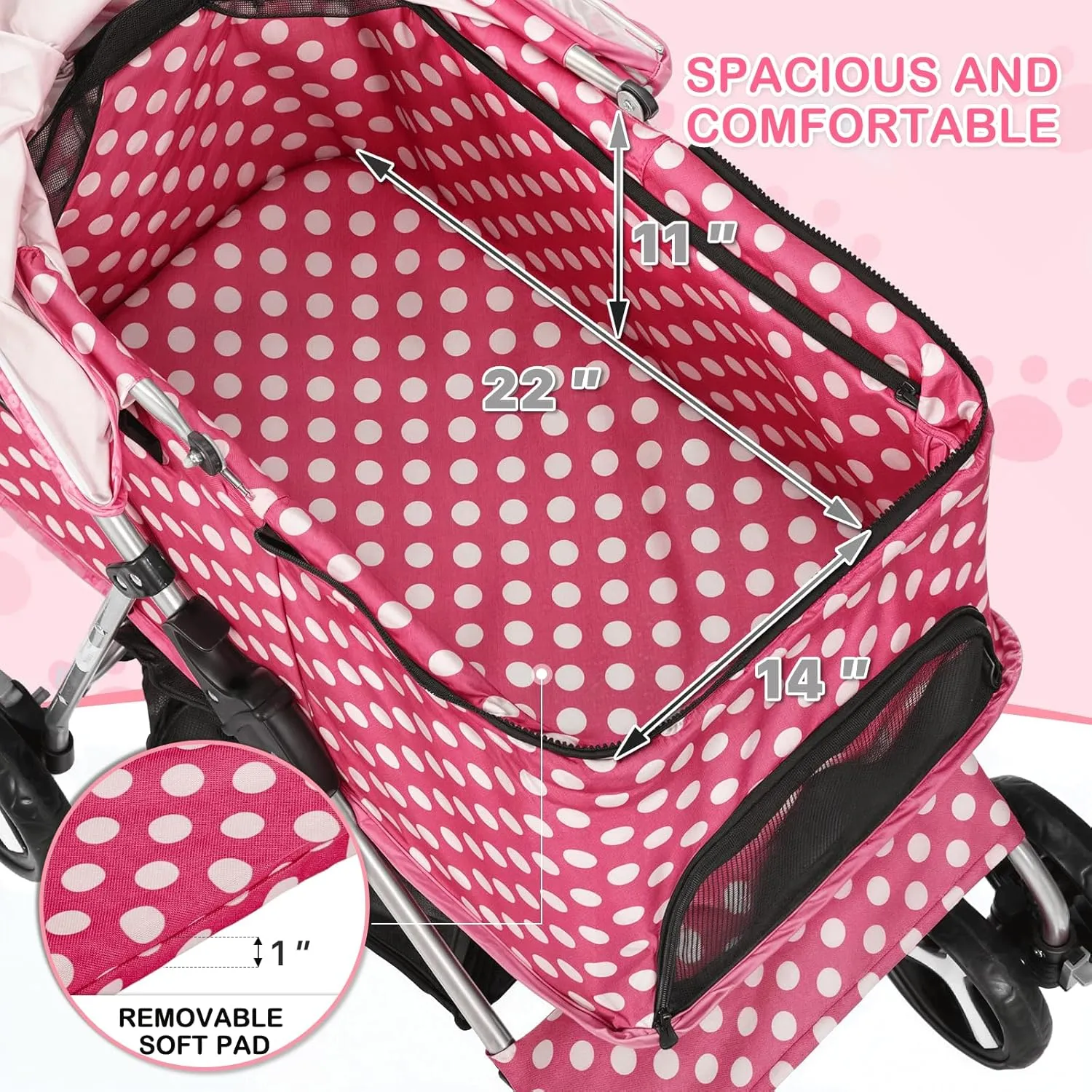 MoNiBloom 3 in 1 Foldable Pet Stroller for Small & Medium Dogs, Detachable Carrier, Car Seat, Push Button Entry, 4-Wheel Jogger for Pets up to 33 lbs, Hot Pink Polka Dots