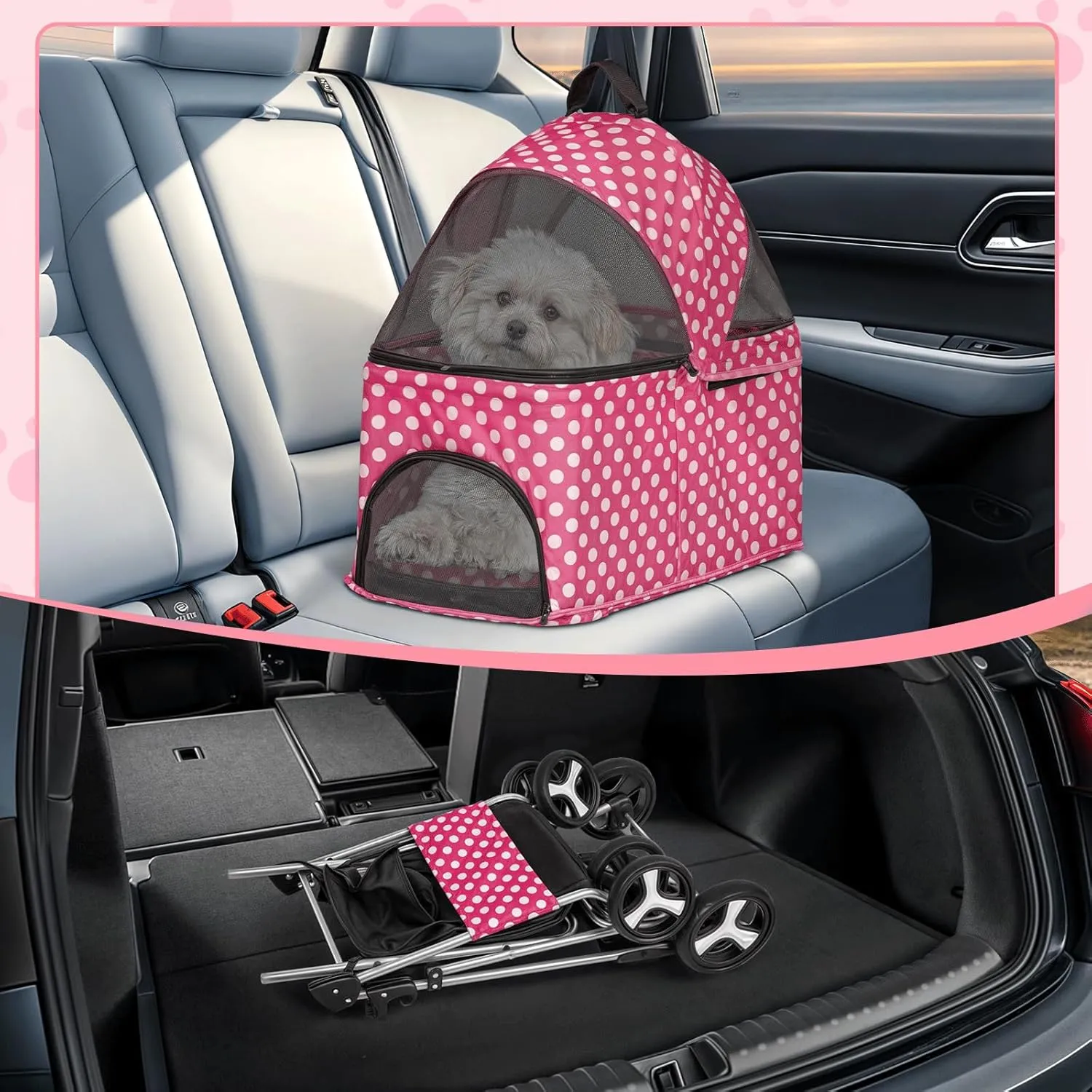 MoNiBloom 3 in 1 Foldable Pet Stroller for Small & Medium Dogs, Detachable Carrier, Car Seat, Push Button Entry, 4-Wheel Jogger for Pets up to 33 lbs, Hot Pink Polka Dots