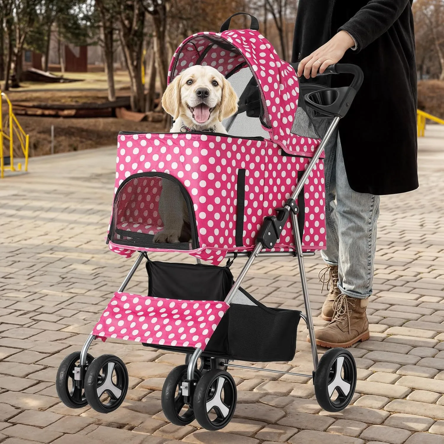 MoNiBloom 3 in 1 Foldable Pet Stroller for Small & Medium Dogs, Detachable Carrier, Car Seat, Push Button Entry, 4-Wheel Jogger for Pets up to 33 lbs, Hot Pink Polka Dots