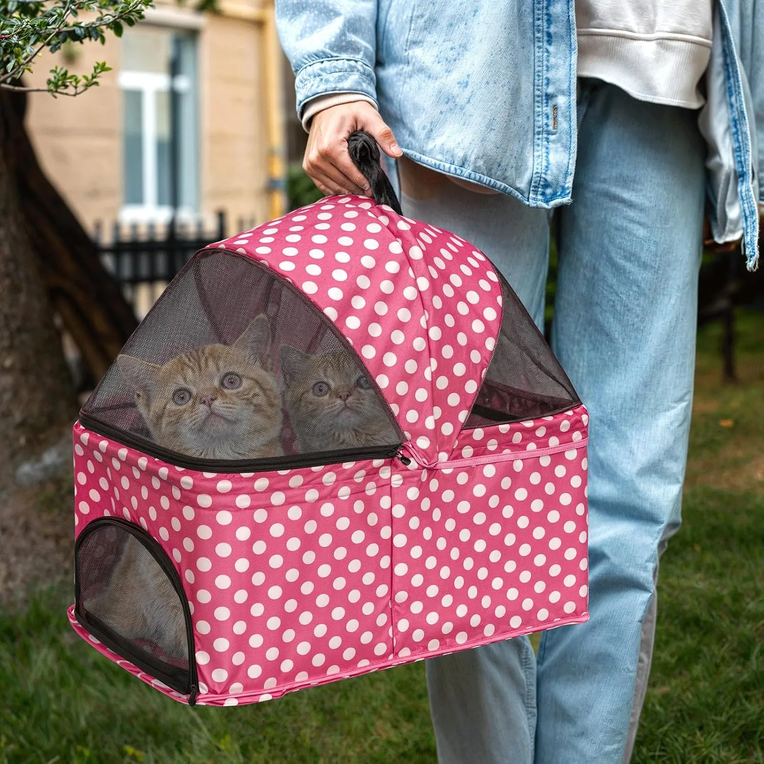 MoNiBloom 3 in 1 Foldable Pet Stroller for Small & Medium Dogs, Detachable Carrier, Car Seat, Push Button Entry, 4-Wheel Jogger for Pets up to 33 lbs, Hot Pink Polka Dots