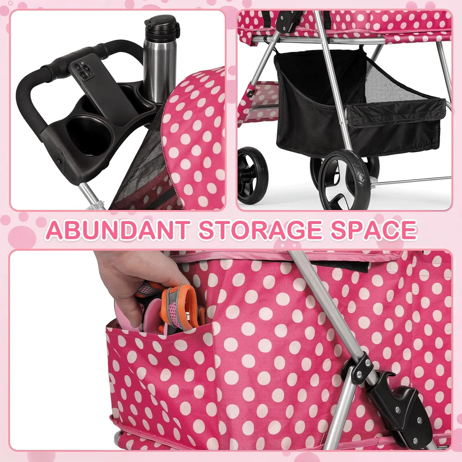 MoNiBloom 3 in 1 Foldable Pet Stroller for Small & Medium Dogs, Detachable Carrier, Car Seat, Push Button Entry, 4-Wheel Jogger for Pets up to 33 lbs, Hot Pink Polka Dots
