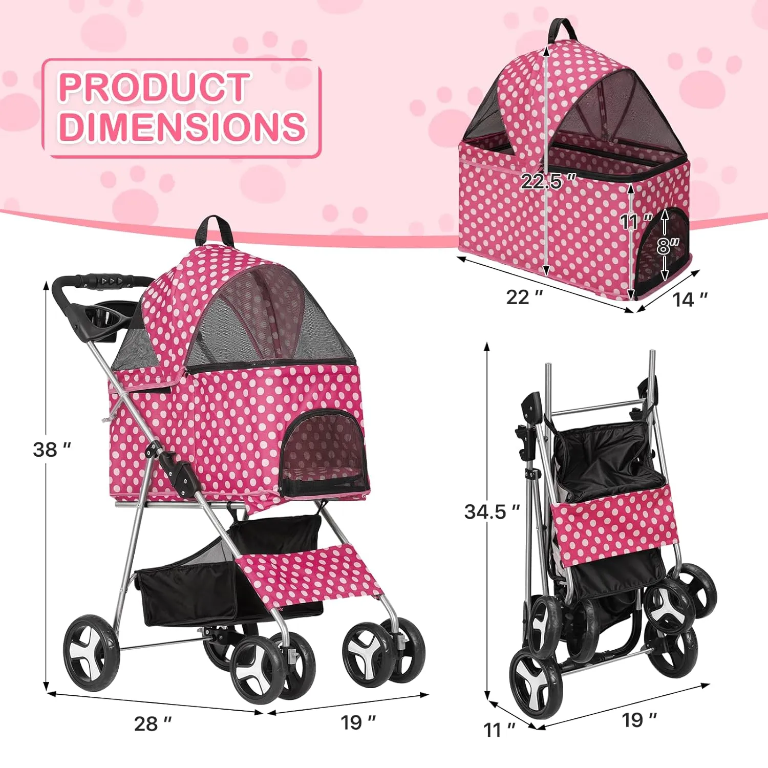 MoNiBloom 3 in 1 Foldable Pet Stroller for Small & Medium Dogs, Detachable Carrier, Car Seat, Push Button Entry, 4-Wheel Jogger for Pets up to 33 lbs, Hot Pink Polka Dots