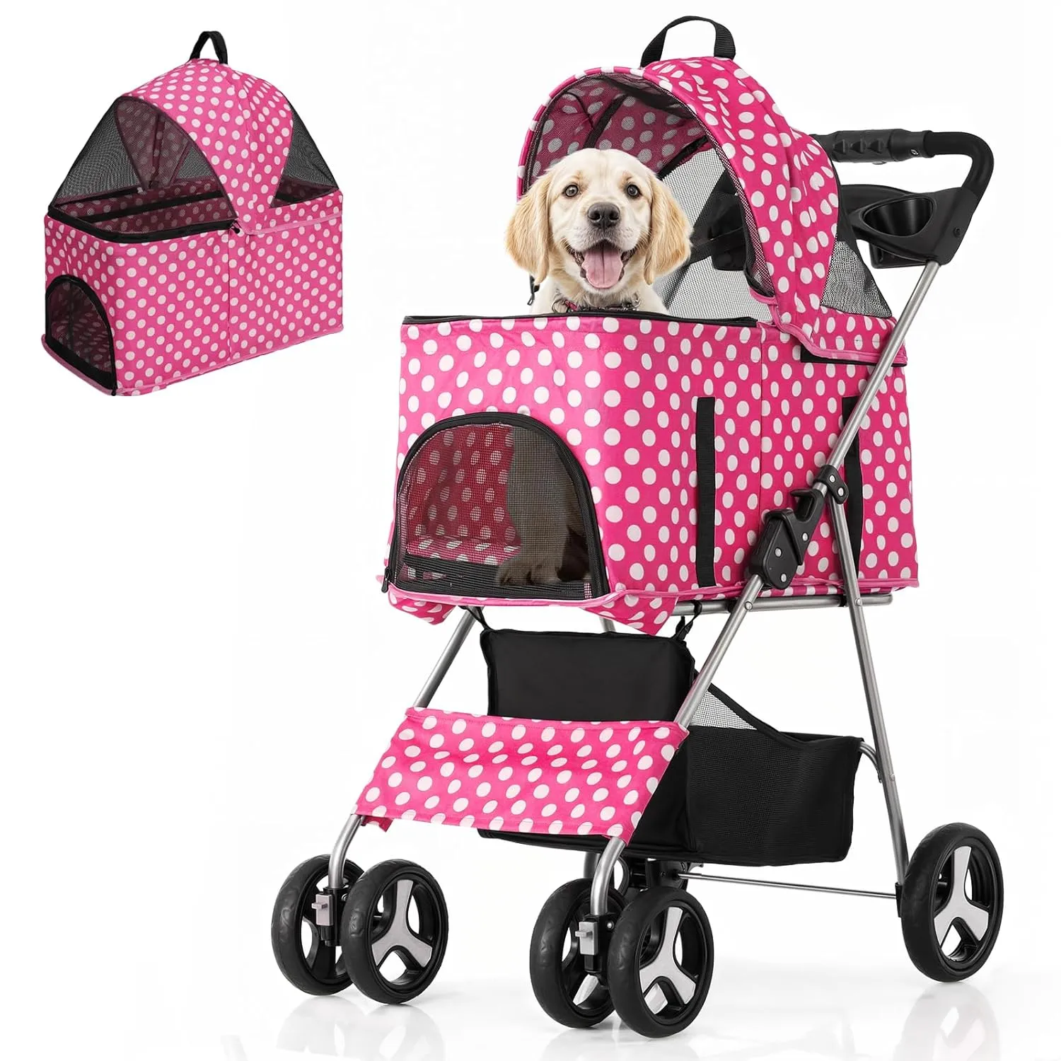 MoNiBloom 3 in 1 Foldable Pet Stroller for Small & Medium Dogs, Detachable Carrier, Car Seat, Push Button Entry, 4-Wheel Jogger for Pets up to 33 lbs, Hot Pink Polka Dots