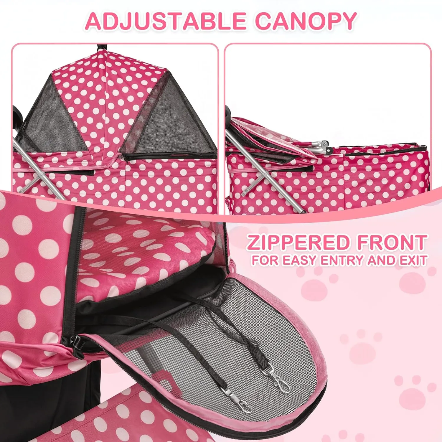 MoNiBloom 3 in 1 Foldable Pet Stroller for Small & Medium Dogs, Detachable Carrier, Car Seat, Push Button Entry, 4-Wheel Jogger for Pets up to 33 lbs, Hot Pink Polka Dots