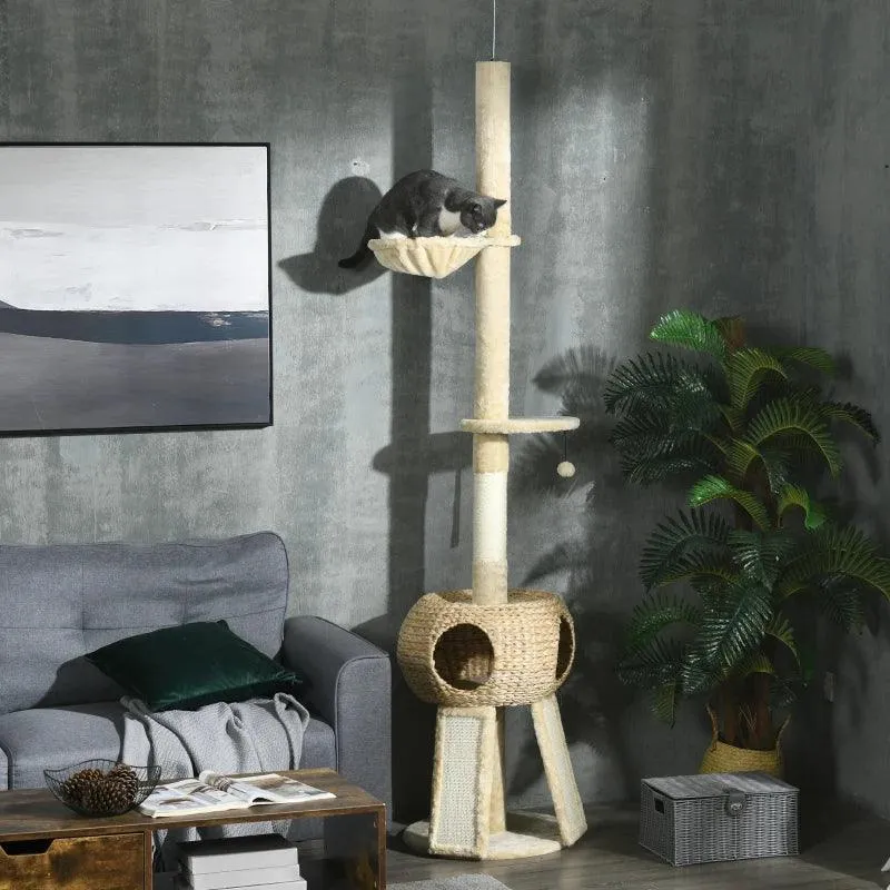 Multi-level Cat Tree w/ Scratchers, Cat House, 225-255cm - Beige