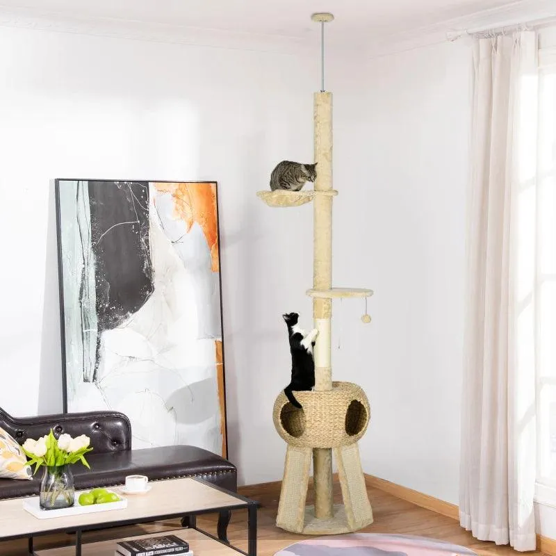 Multi-level Cat Tree w/ Scratchers, Cat House, 225-255cm - Beige