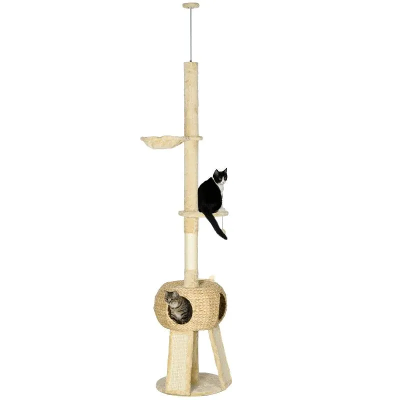 Multi-level Cat Tree w/ Scratchers, Cat House, 225-255cm - Beige