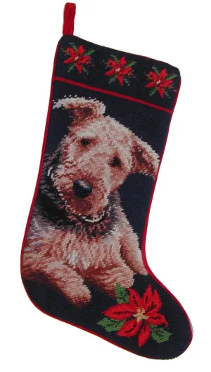 Needlepoint Christmas Dog Breed Stocking -Airedale with Poinsettias