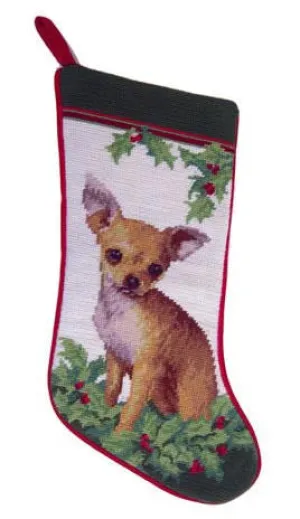 Needlepoint Christmas Dog Breed Stocking - Chihuahua Tan with Holly