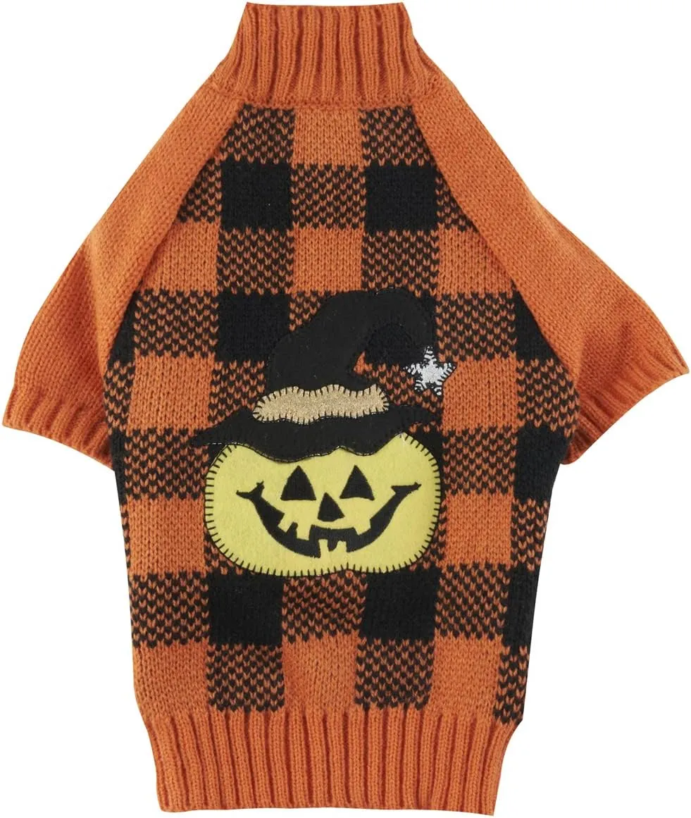 Orange Black Pumpkin Dog Sweater Plaid Cat Halloween Costume Clothes Pumpkin Dog Sweaters for Small Dogs, Small (S)