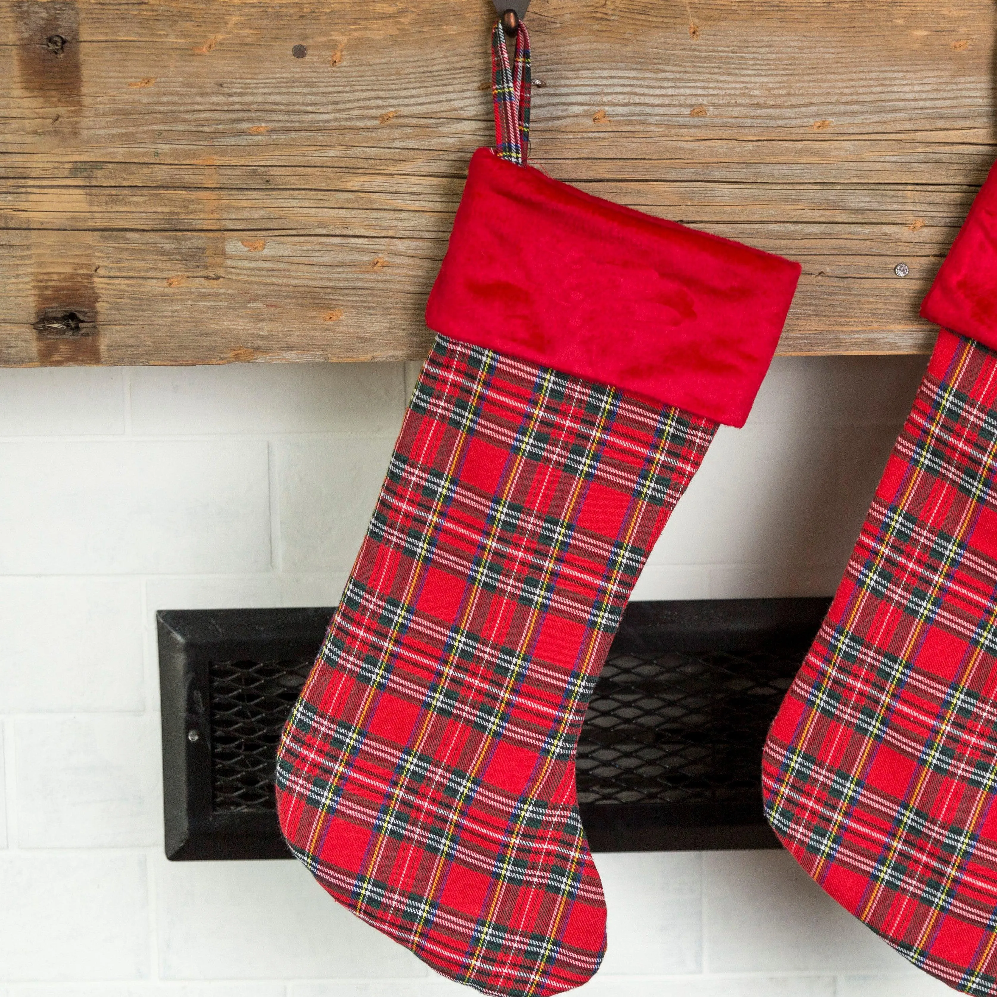 Personalized Red And Green Plaid Stockings - Printed