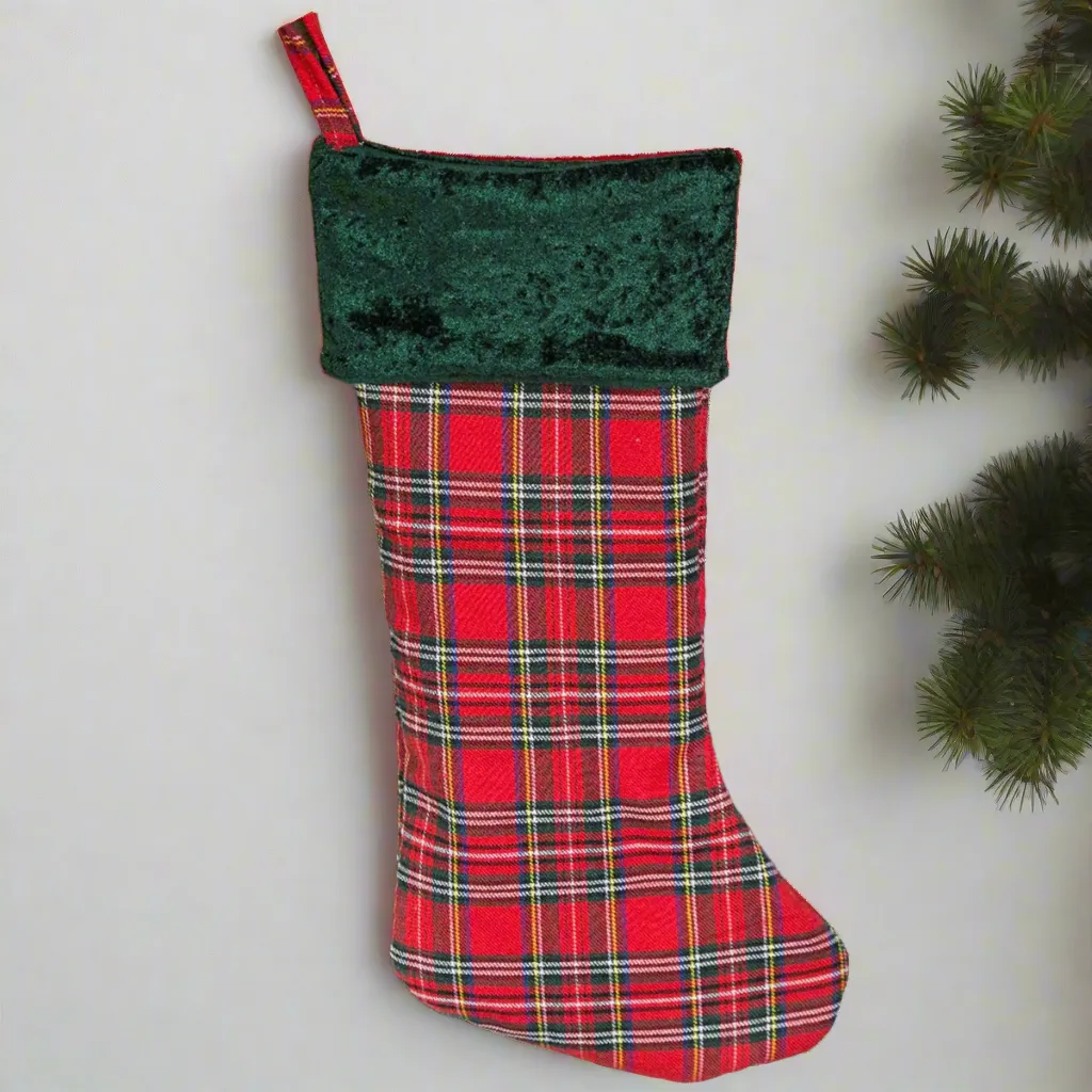 Personalized Red And Green Plaid Stockings - Printed