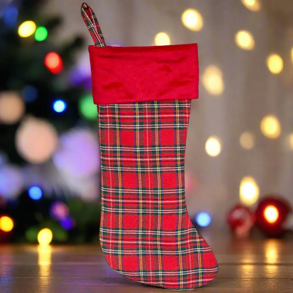 Personalized Red And Green Plaid Stockings - Printed