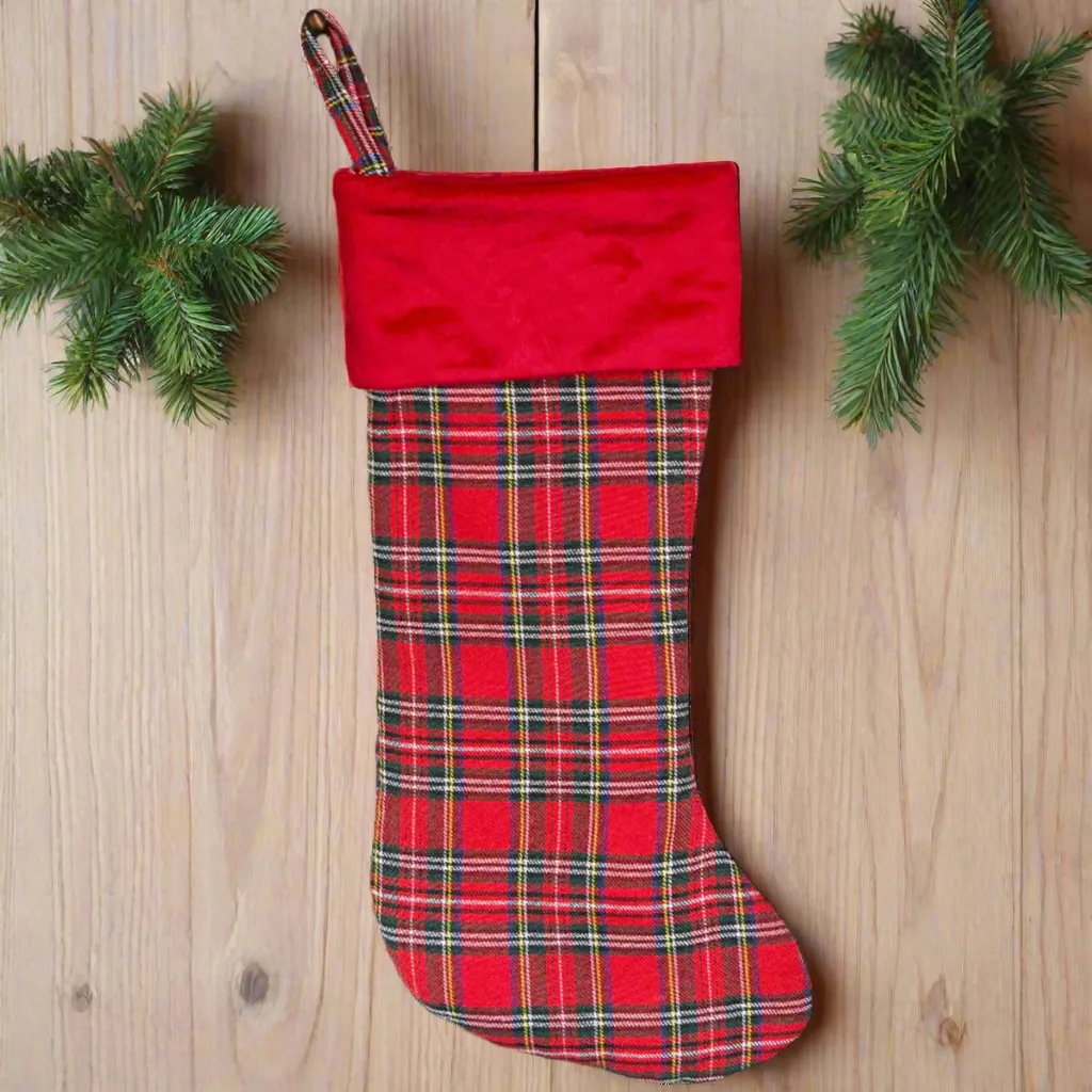 Personalized Red And Green Plaid Stockings - Printed