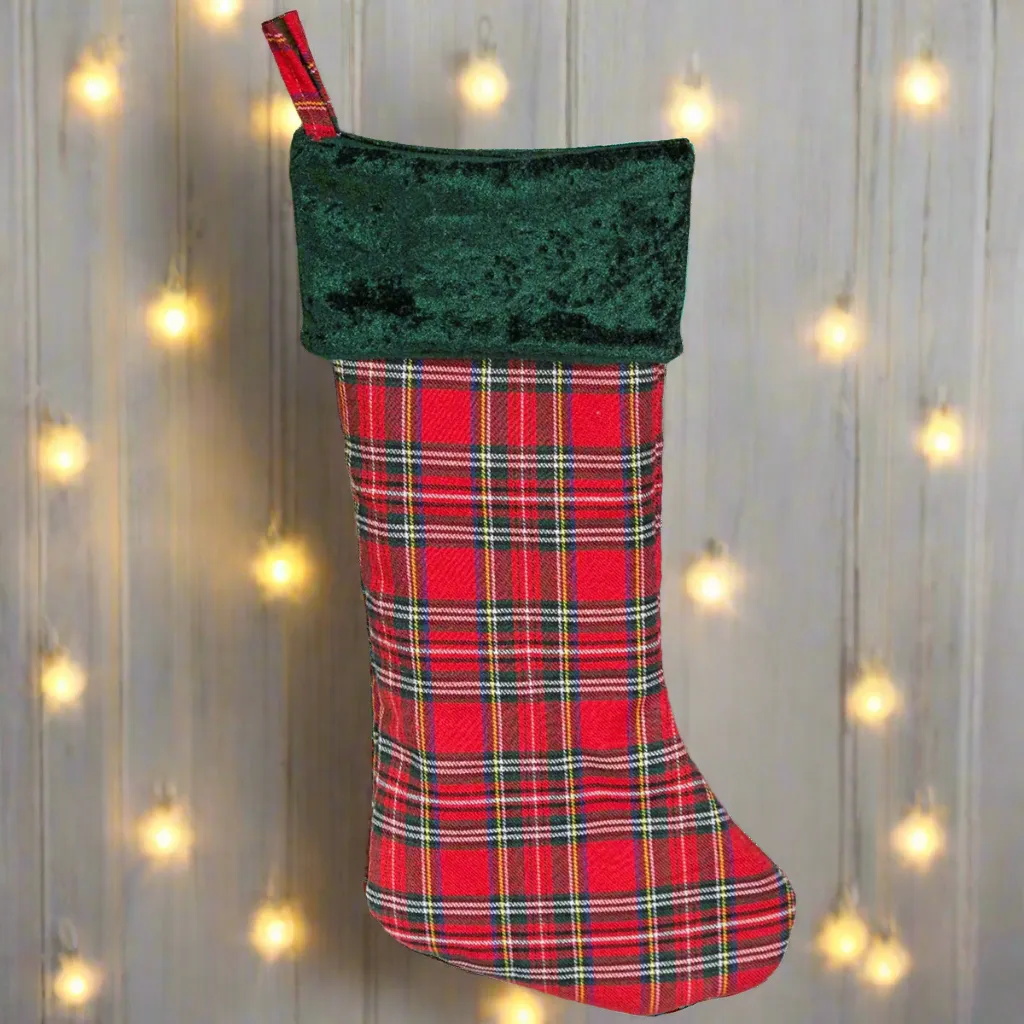 Personalized Red And Green Plaid Stockings - Printed
