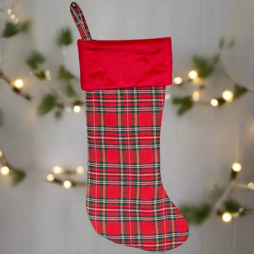 Personalized Red And Green Plaid Stockings - Printed