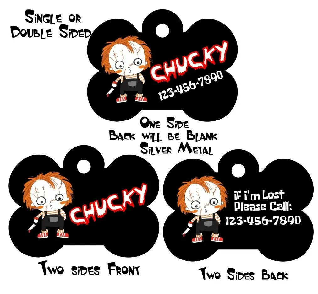 Pet ID Tag Chucky Personalized Custom Double Sided Pet Tag w/name & number Petcollarshandmade