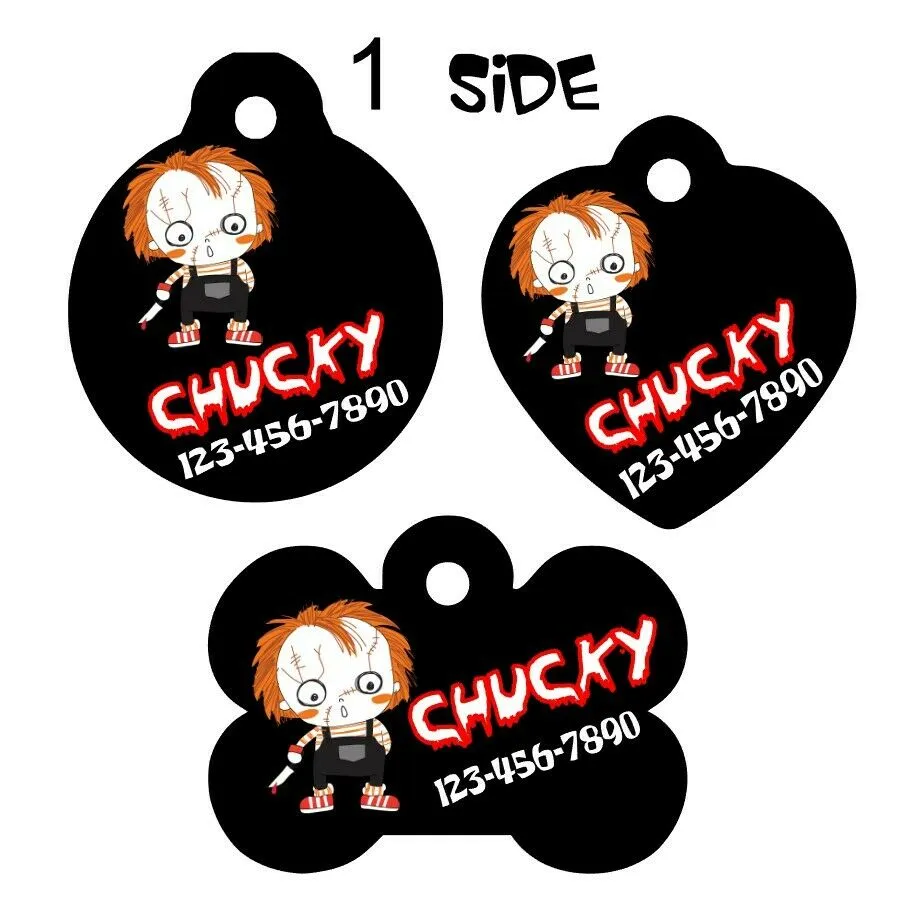 Pet ID Tag Chucky Personalized Custom Double Sided Pet Tag w/name & number Petcollarshandmade