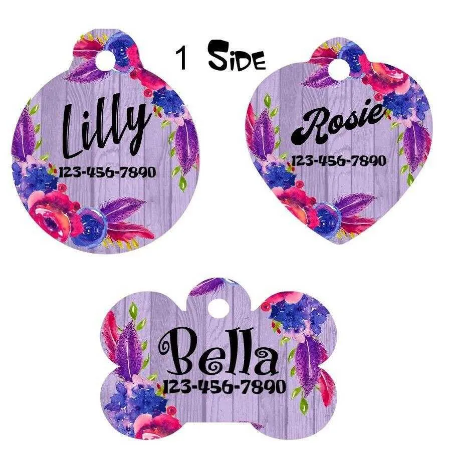 Pet ID Tag Floral Personalized Custom Double Sided Pet Tag w/name & number Petcollarshandmade