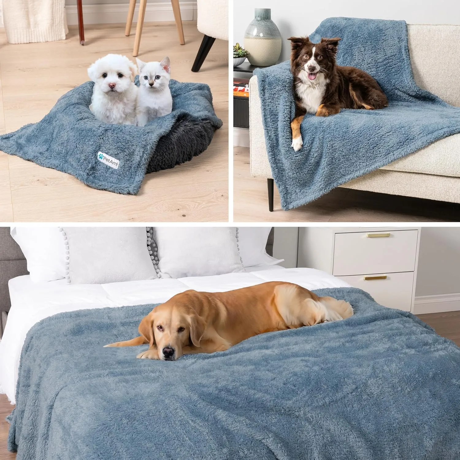 PetAmi Fluffy Waterproof Dog Blanket for Medium Large Dogs, Soft Warm Pet Sherpa Throw Pee Proof Couch Cover, Reversible Cat Bed Blanket Sofa Protector, Plush Washable Pad (Dusty Blue, 40x60)