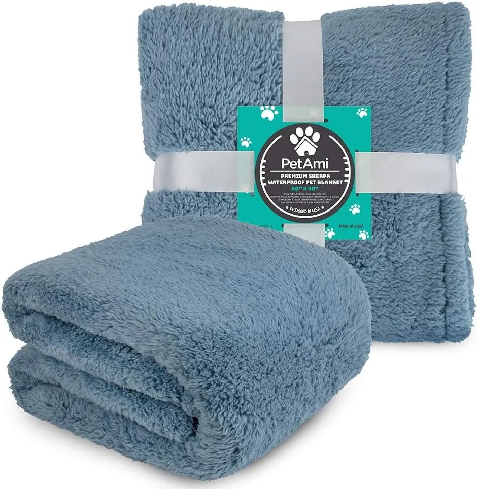 PetAmi Fluffy Waterproof Dog Blanket for Medium Large Dogs, Soft Warm Pet Sherpa Throw Pee Proof Couch Cover, Reversible Cat Bed Blanket Sofa Protector, Plush Washable Pad (Dusty Blue, 40x60)
