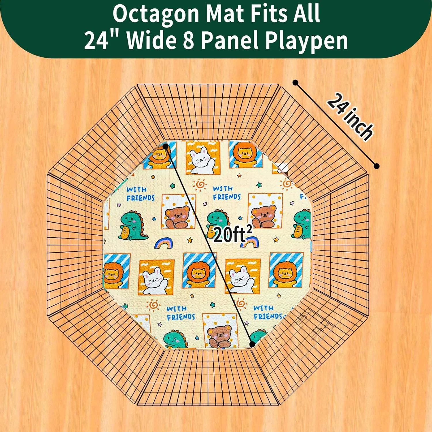 PJYucien Reusable Pee Pads for Dogs, 24'' Per Side 62'' Diagonal Octagonal Washable Puppy Pads, Designed for 24'' Width 8 Panels with All Height Playpen,Couch, Crate, Bed, Sofa.