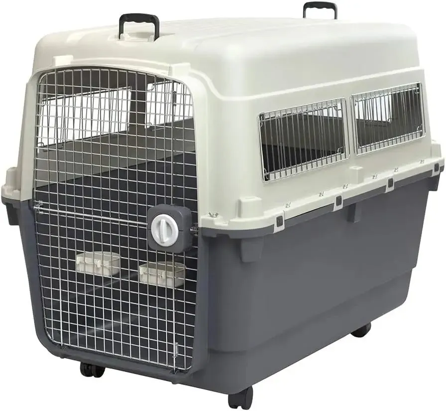 Plastic Kennels Rolling Plastic Airline Approved Wire Door Travel Dog Crate, XXX-Large, Gray