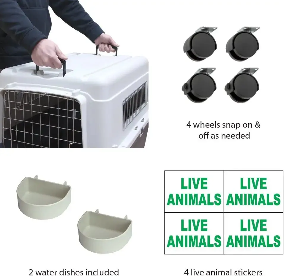 Plastic Kennels Rolling Plastic Airline Approved Wire Door Travel Dog Crate, XXX-Large, Gray