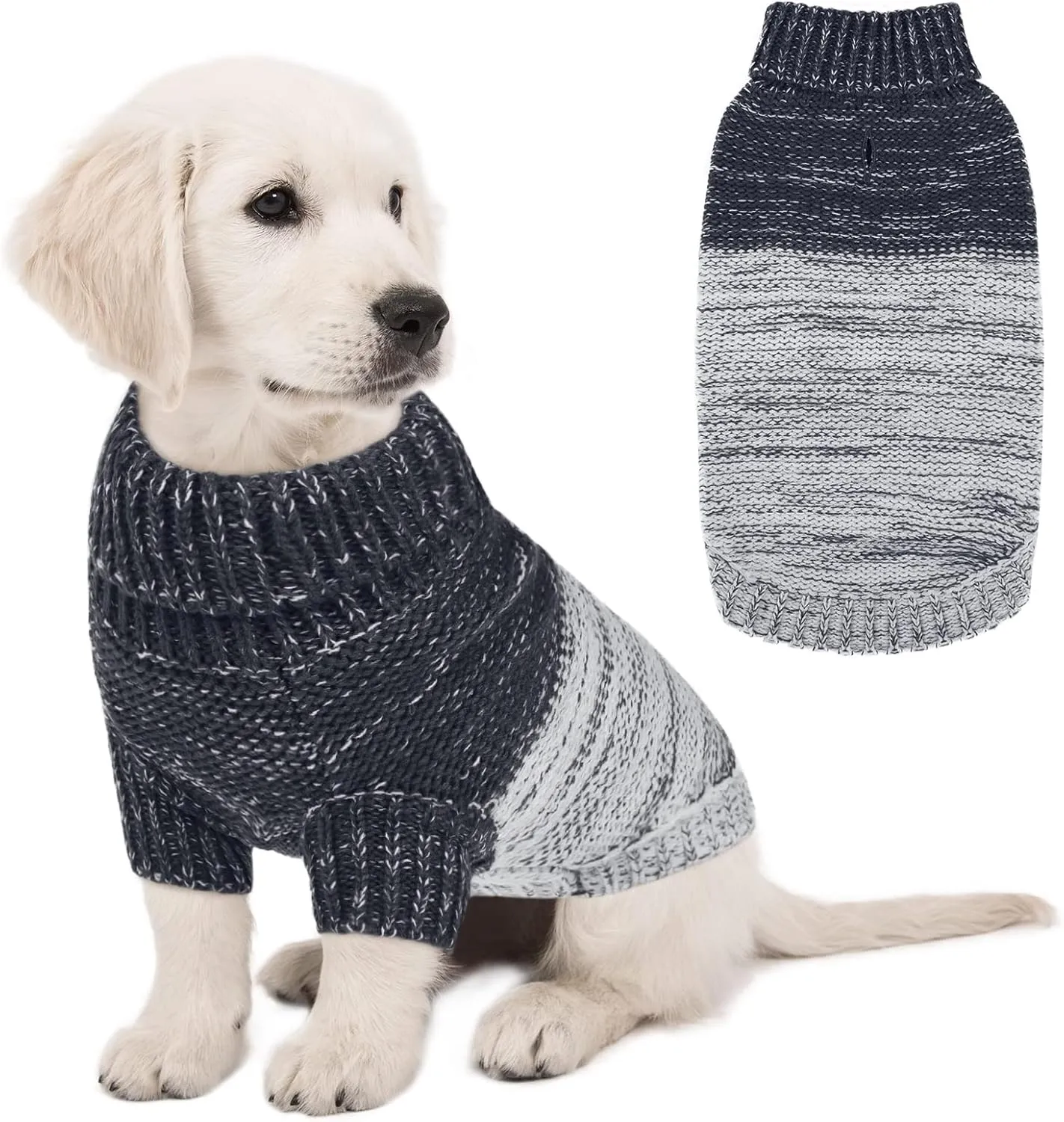 Queenmore Knitted Pullover Dog Sweater, Turtleneck Pet Cat Sweater, Cold Weather Puppy Clothes Stitching Knitwear with Leash Hole for Small Medium DogsDark Blue,XS