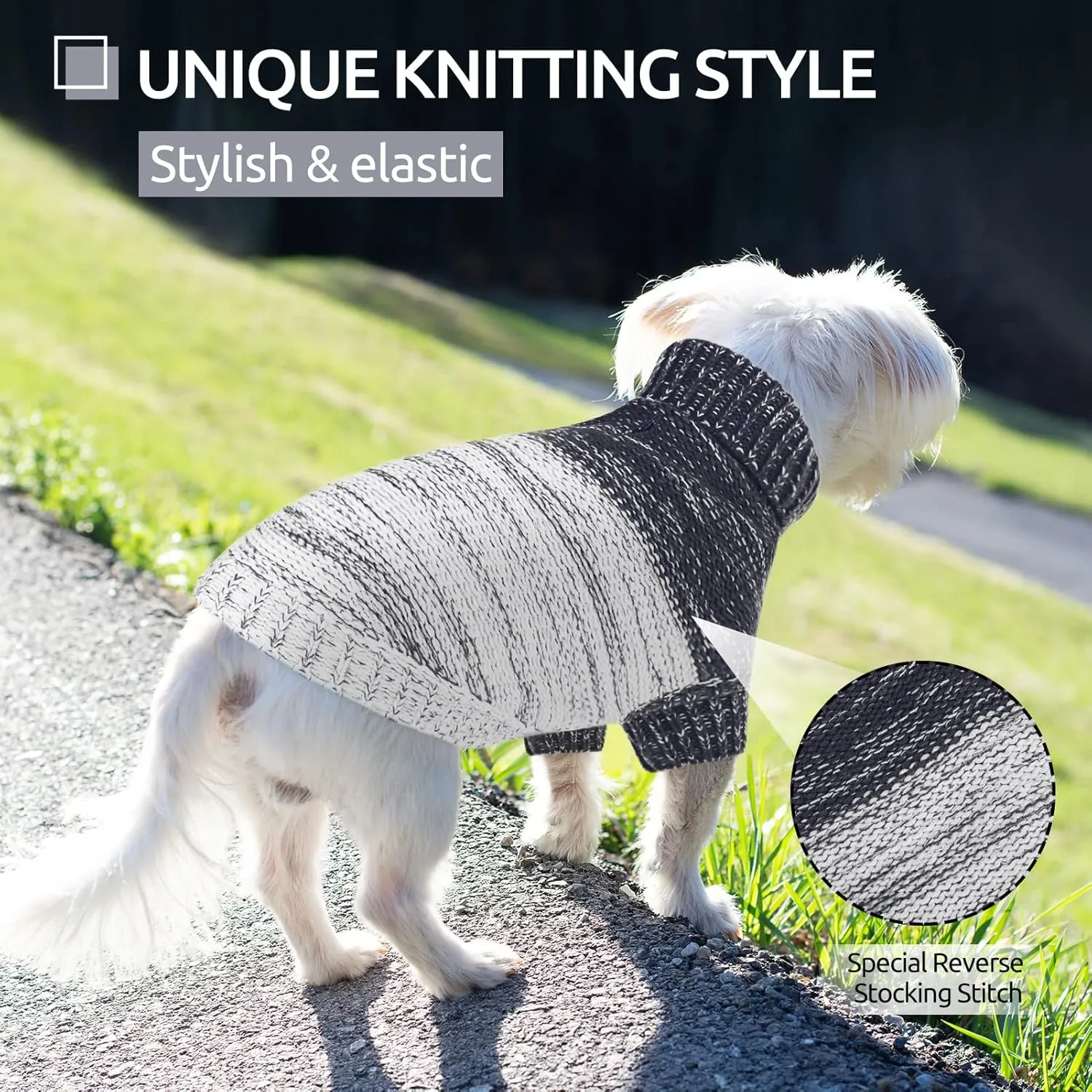 Queenmore Knitted Pullover Dog Sweater, Turtleneck Pet Cat Sweater, Cold Weather Puppy Clothes Stitching Knitwear with Leash Hole for Small Medium DogsDark Blue,XS