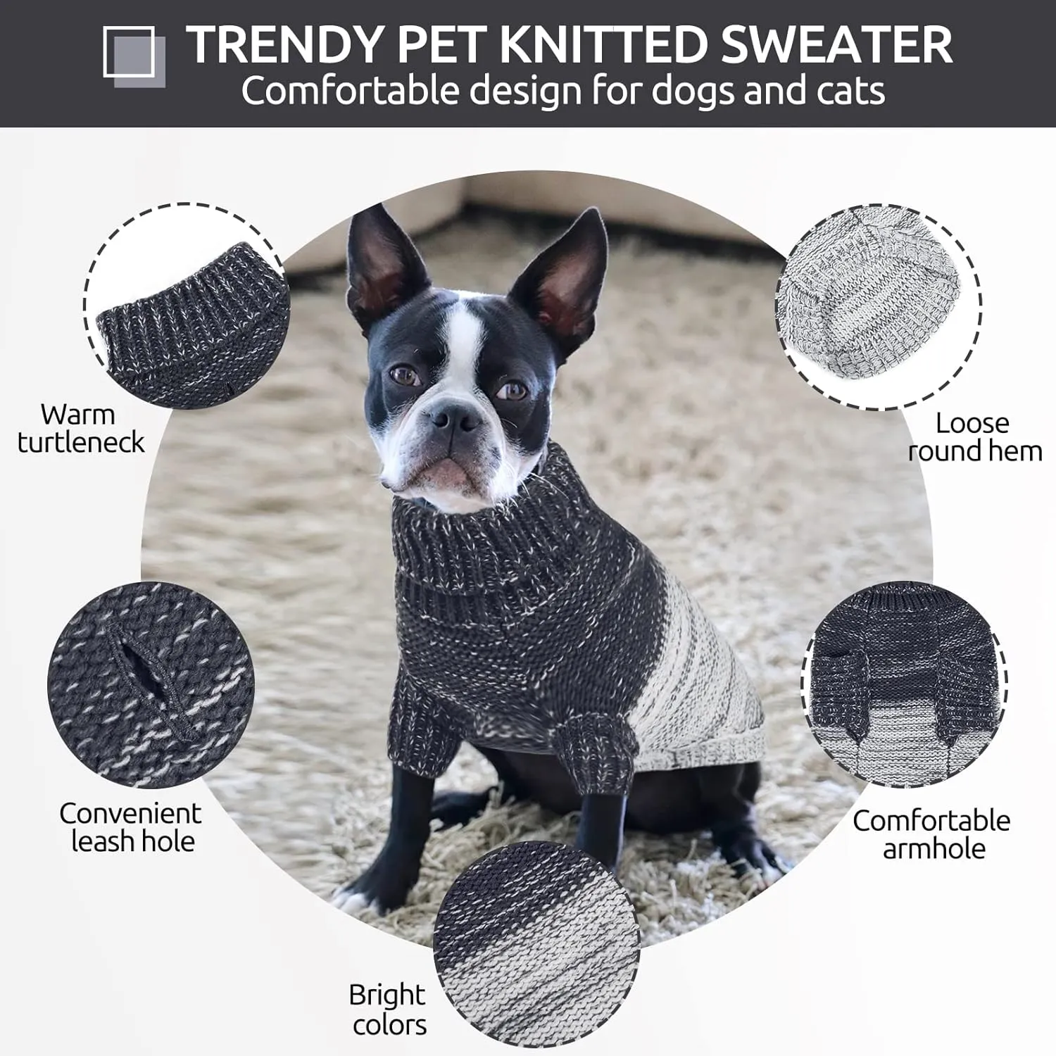 Queenmore Knitted Pullover Dog Sweater, Turtleneck Pet Cat Sweater, Cold Weather Puppy Clothes Stitching Knitwear with Leash Hole for Small Medium DogsDark Blue,XS
