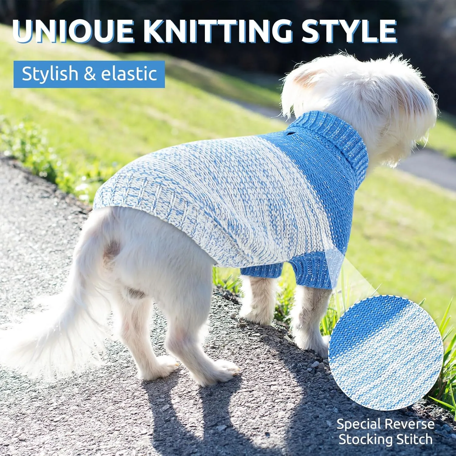 Queenmore Knitted Pullover Dog Sweater, Turtleneck Pet Cat Sweater, Cold Weather Puppy Clothes Stitching Knitwear with Leash Hole for Small Medium DogsRoyal Blue,XL