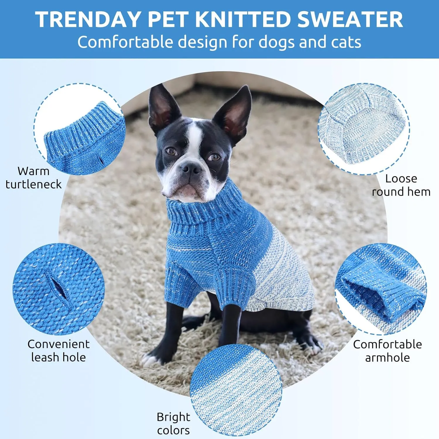Queenmore Knitted Pullover Dog Sweater, Turtleneck Pet Cat Sweater, Cold Weather Puppy Clothes Stitching Knitwear with Leash Hole for Small Medium DogsRoyal Blue,XL