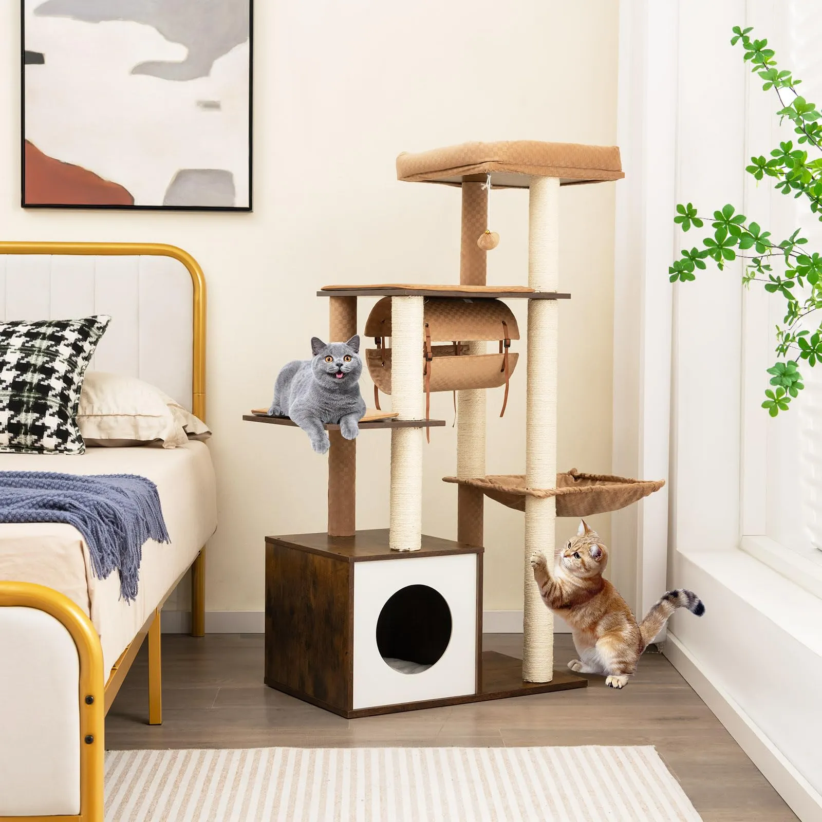 Tangkula Modern Cat Tree for Indoor Cats, 53 Inch Tall Cat Tree Tower with Hammock, Sisal Scratching Posts, Top Perch, Tunnel & Cat Condo