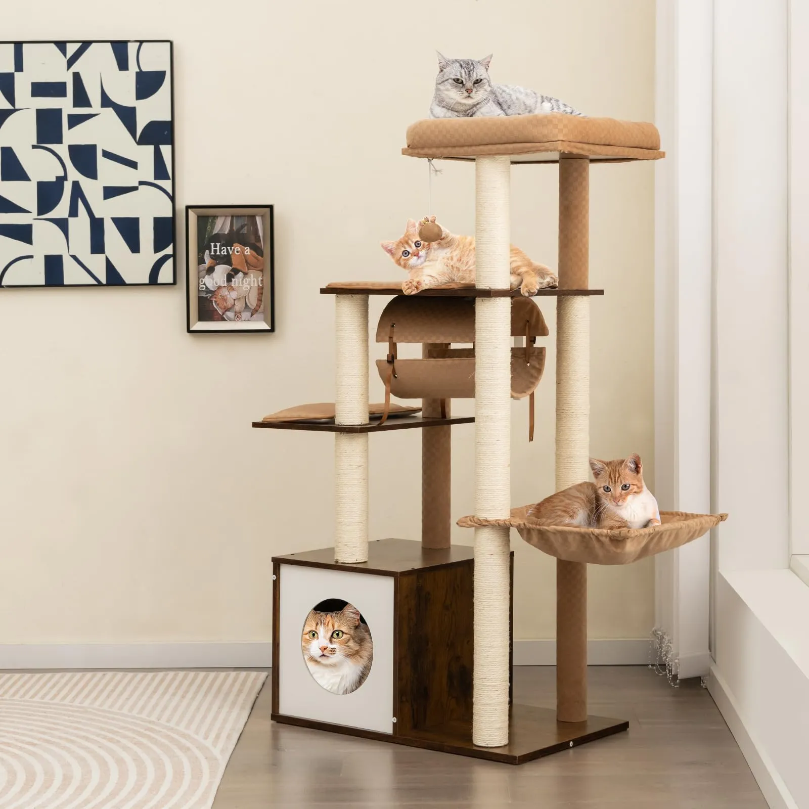 Tangkula Modern Cat Tree for Indoor Cats, 53 Inch Tall Cat Tree Tower with Hammock, Sisal Scratching Posts, Top Perch, Tunnel & Cat Condo
