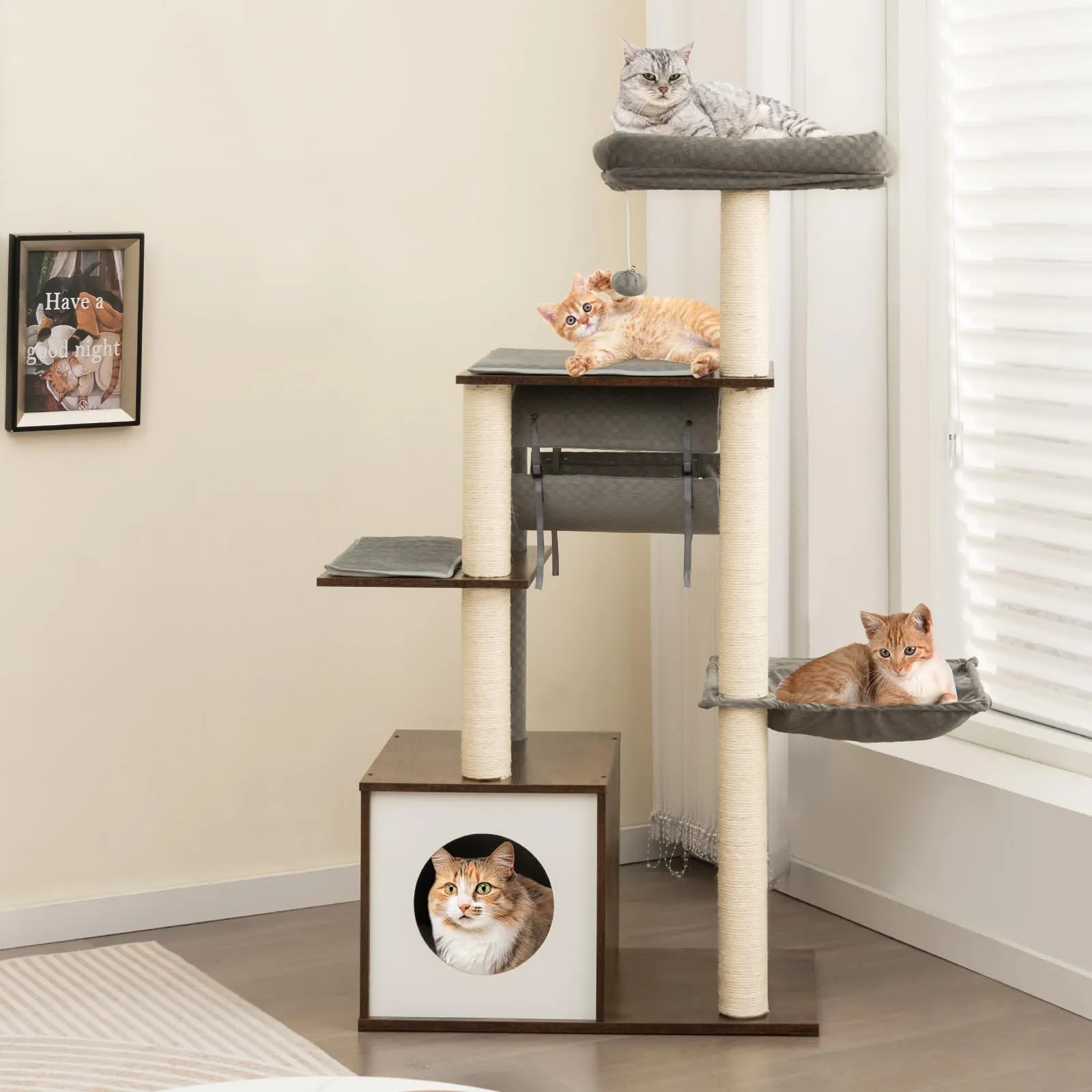 Tangkula Modern Cat Tree for Indoor Cats, 53 Inch Tall Cat Tree Tower with Hammock, Sisal Scratching Posts, Top Perch, Tunnel & Cat Condo