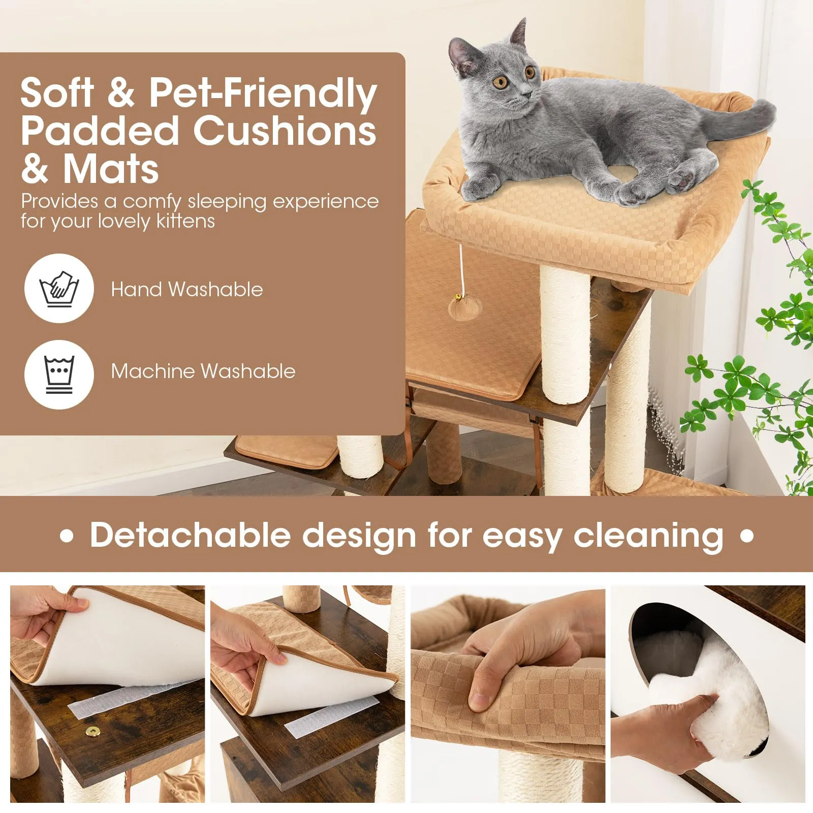 Tangkula Modern Cat Tree for Indoor Cats, 53 Inch Tall Cat Tree Tower with Hammock, Sisal Scratching Posts, Top Perch, Tunnel & Cat Condo