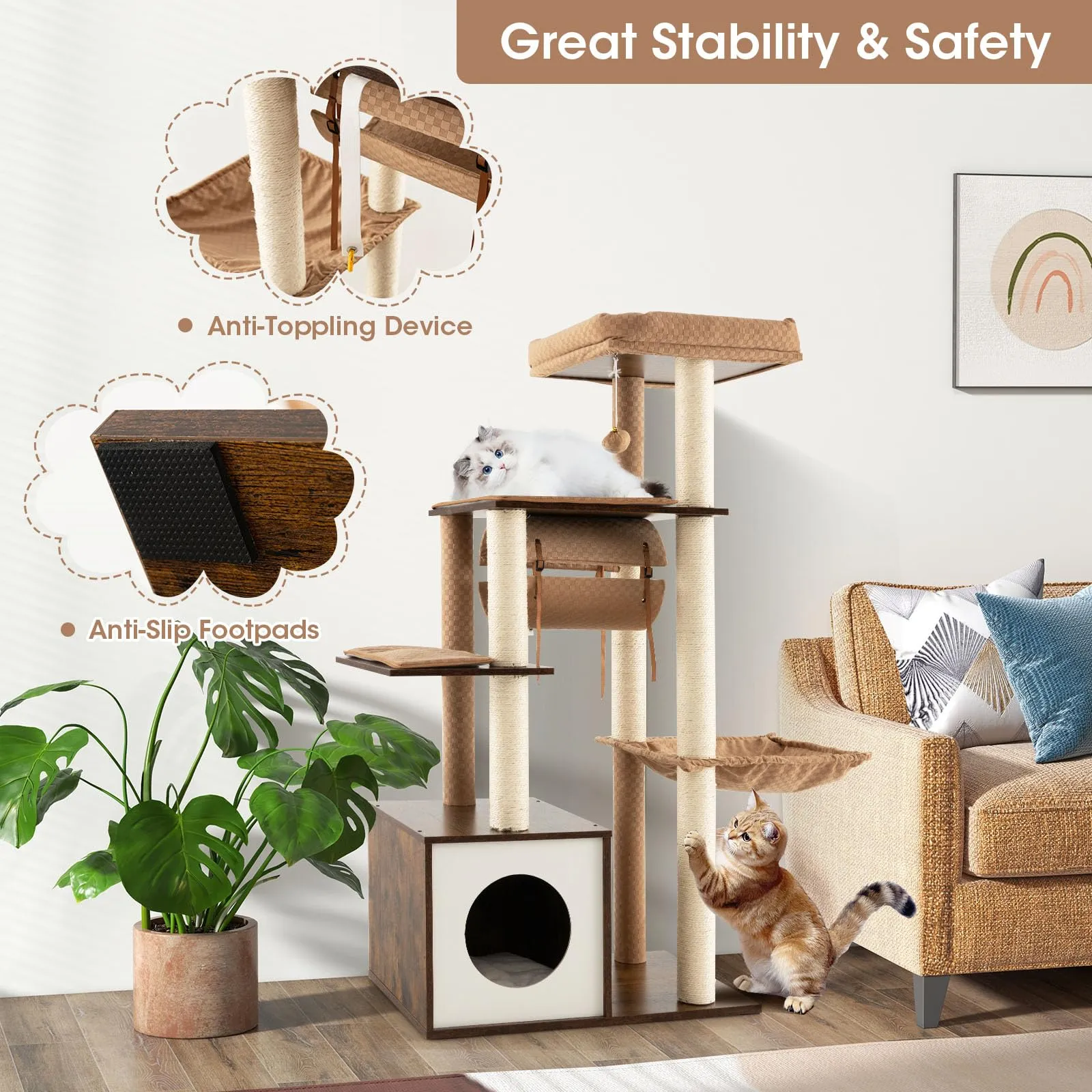 Tangkula Modern Cat Tree for Indoor Cats, 53 Inch Tall Cat Tree Tower with Hammock, Sisal Scratching Posts, Top Perch, Tunnel & Cat Condo