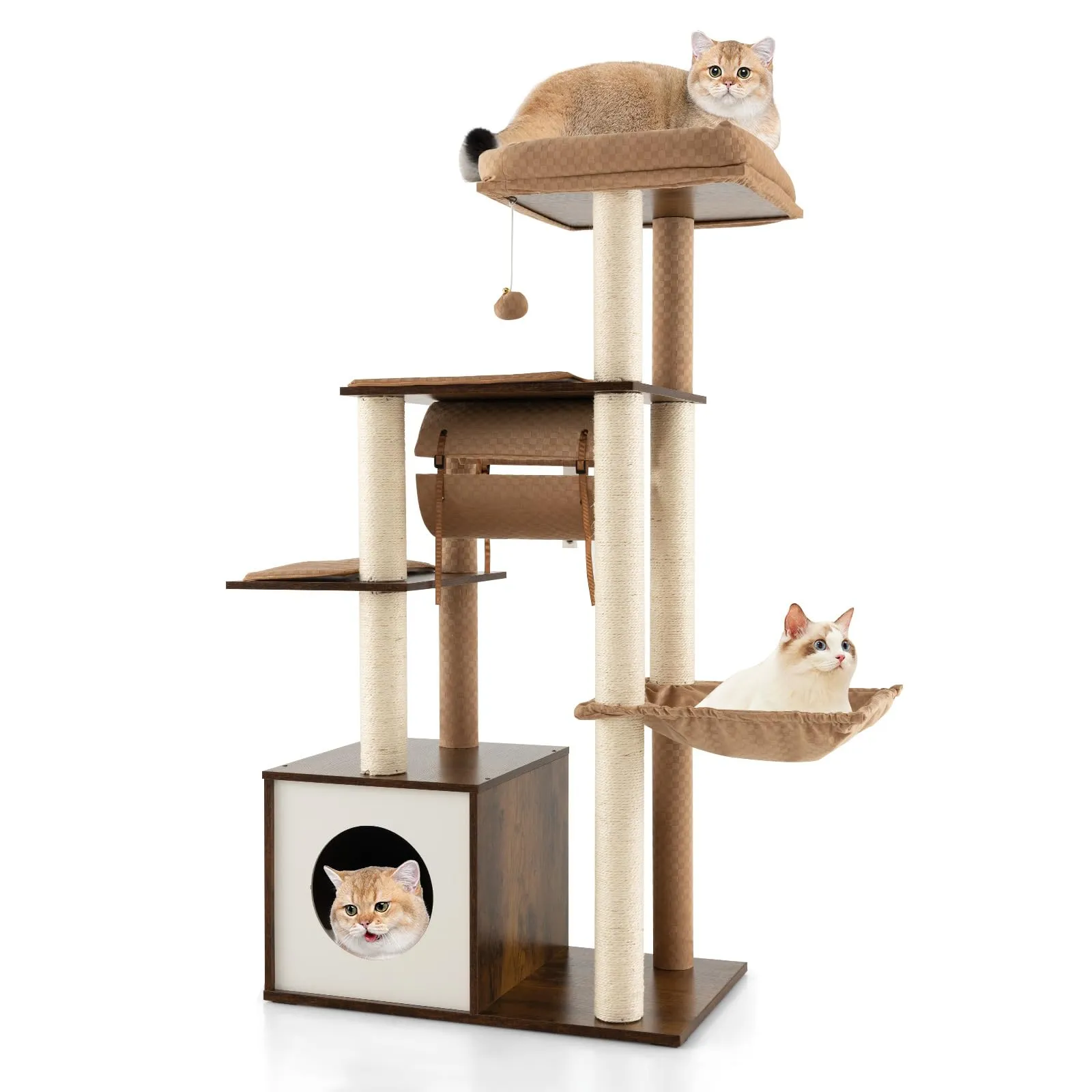 Tangkula Modern Cat Tree for Indoor Cats, 53 Inch Tall Cat Tree Tower with Hammock, Sisal Scratching Posts, Top Perch, Tunnel & Cat Condo