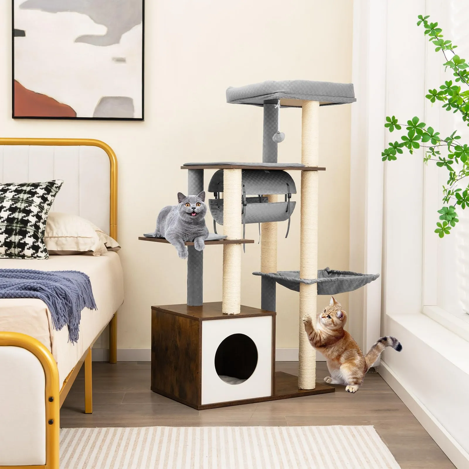 Tangkula Modern Cat Tree for Indoor Cats, 53 Inch Tall Cat Tree Tower with Hammock, Sisal Scratching Posts, Top Perch, Tunnel & Cat Condo
