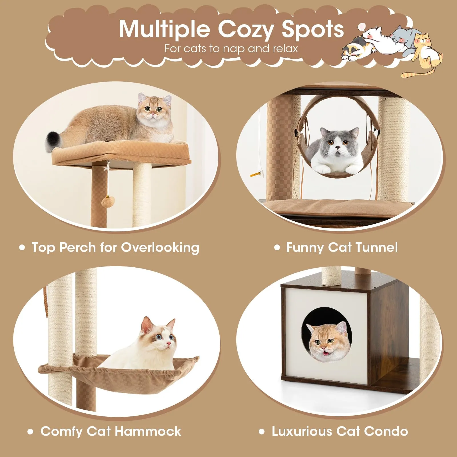 Tangkula Modern Cat Tree for Indoor Cats, 53 Inch Tall Cat Tree Tower with Hammock, Sisal Scratching Posts, Top Perch, Tunnel & Cat Condo