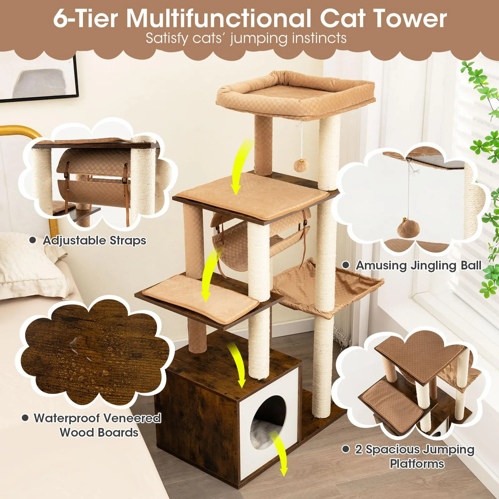 Tangkula Modern Cat Tree for Indoor Cats, 53 Inch Tall Cat Tree Tower with Hammock, Sisal Scratching Posts, Top Perch, Tunnel & Cat Condo