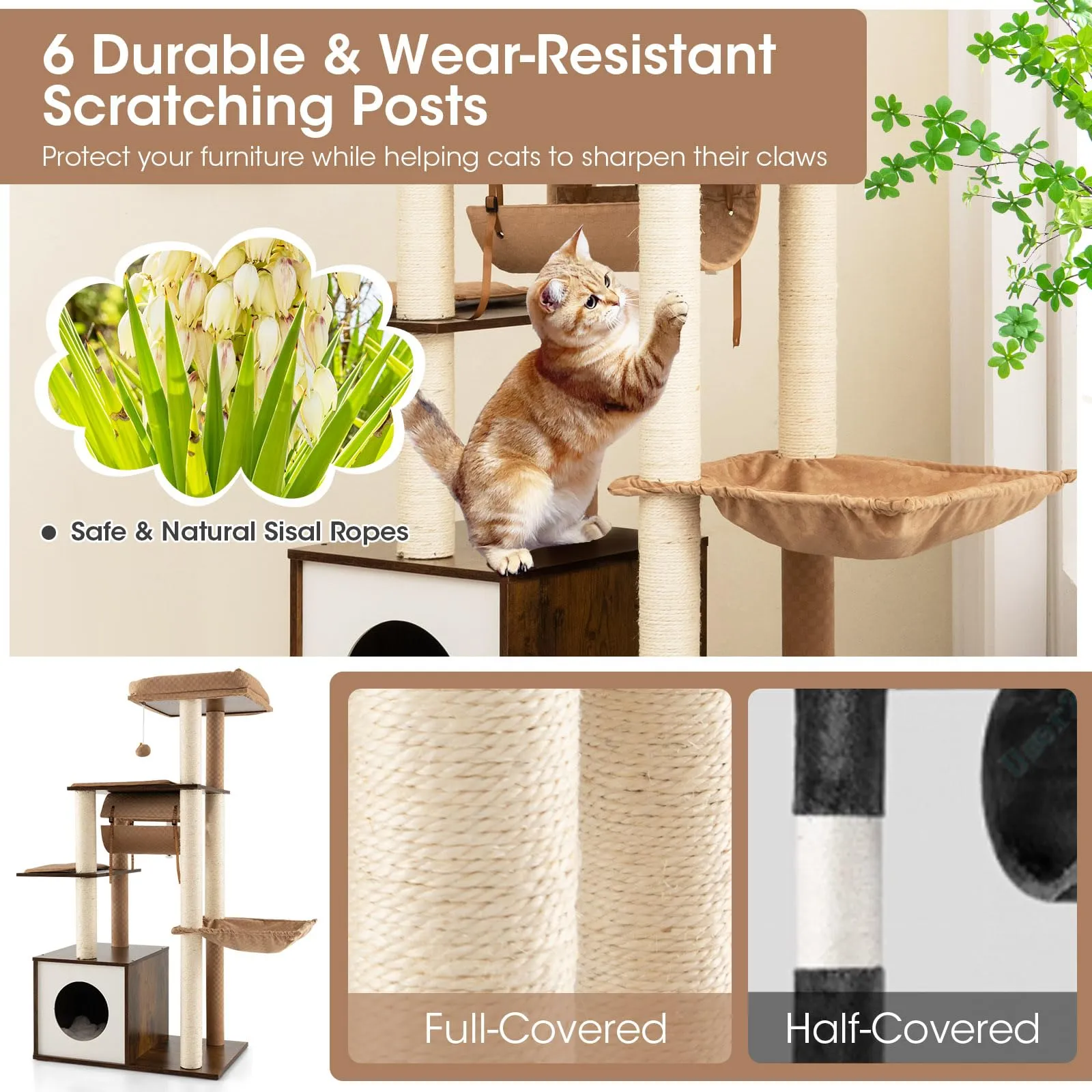 Tangkula Modern Cat Tree for Indoor Cats, 53 Inch Tall Cat Tree Tower with Hammock, Sisal Scratching Posts, Top Perch, Tunnel & Cat Condo