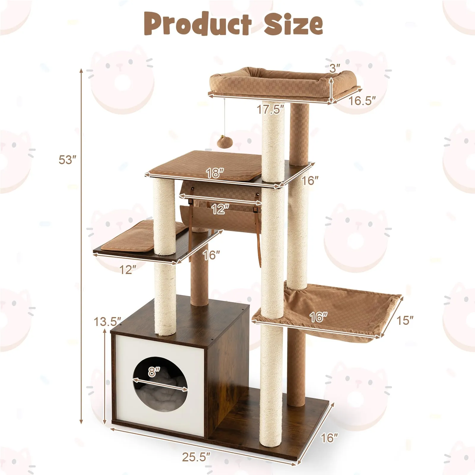 Tangkula Modern Cat Tree for Indoor Cats, 53 Inch Tall Cat Tree Tower with Hammock, Sisal Scratching Posts, Top Perch, Tunnel & Cat Condo