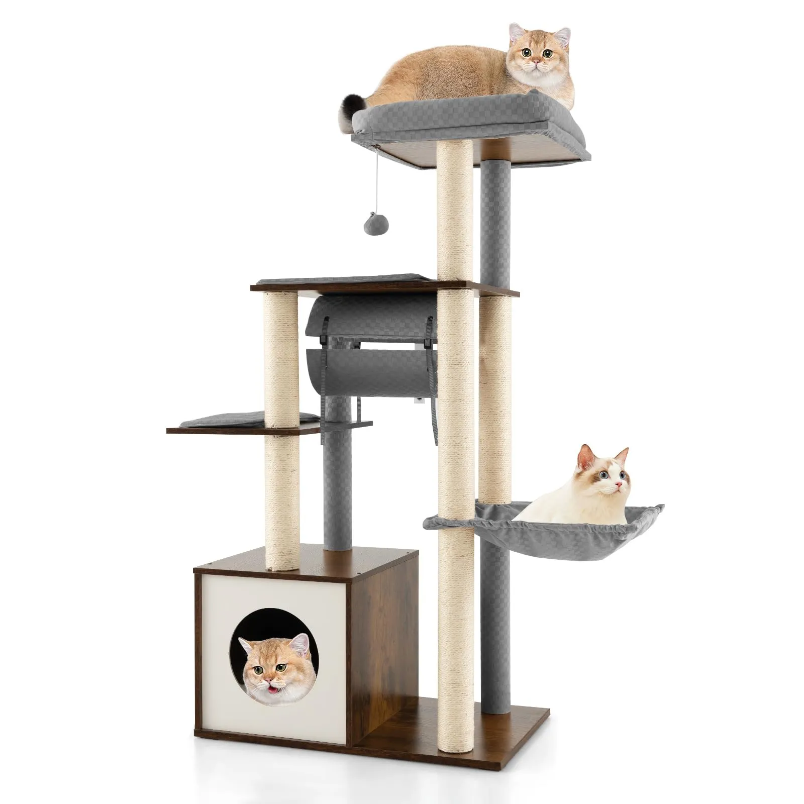 Tangkula Modern Cat Tree for Indoor Cats, 53 Inch Tall Cat Tree Tower with Hammock, Sisal Scratching Posts, Top Perch, Tunnel & Cat Condo