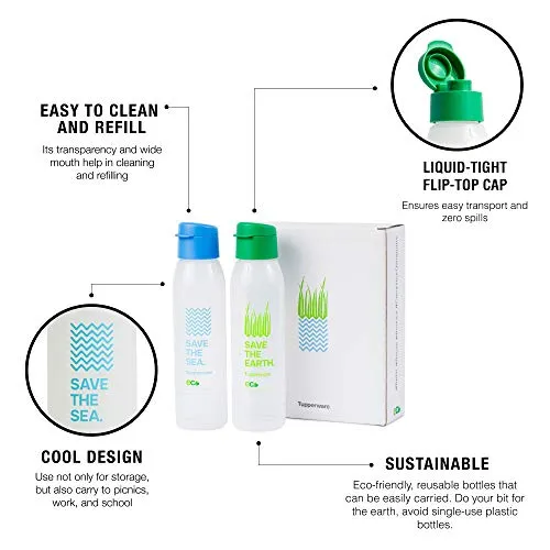 Tupperware Cool n Chic, Save Earth Save Sea Plastic Bottle, 500ml, Set of 2, Green, Blue