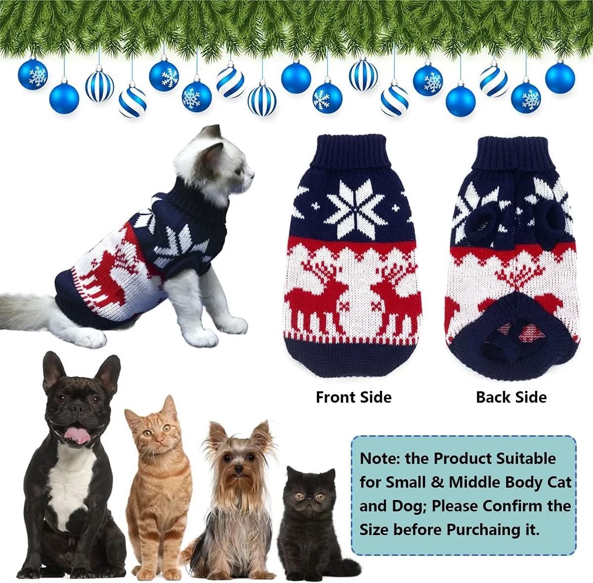 Vehomy Pet Puppy Christmas Sweater Cat Winter Knitwear Xmas Clothes Navy Blue Sweater with Reindeers Snowflakes Pattern Dog Warm Argyle Sweater Coat for Kittens Small Dogs Cats XXL
