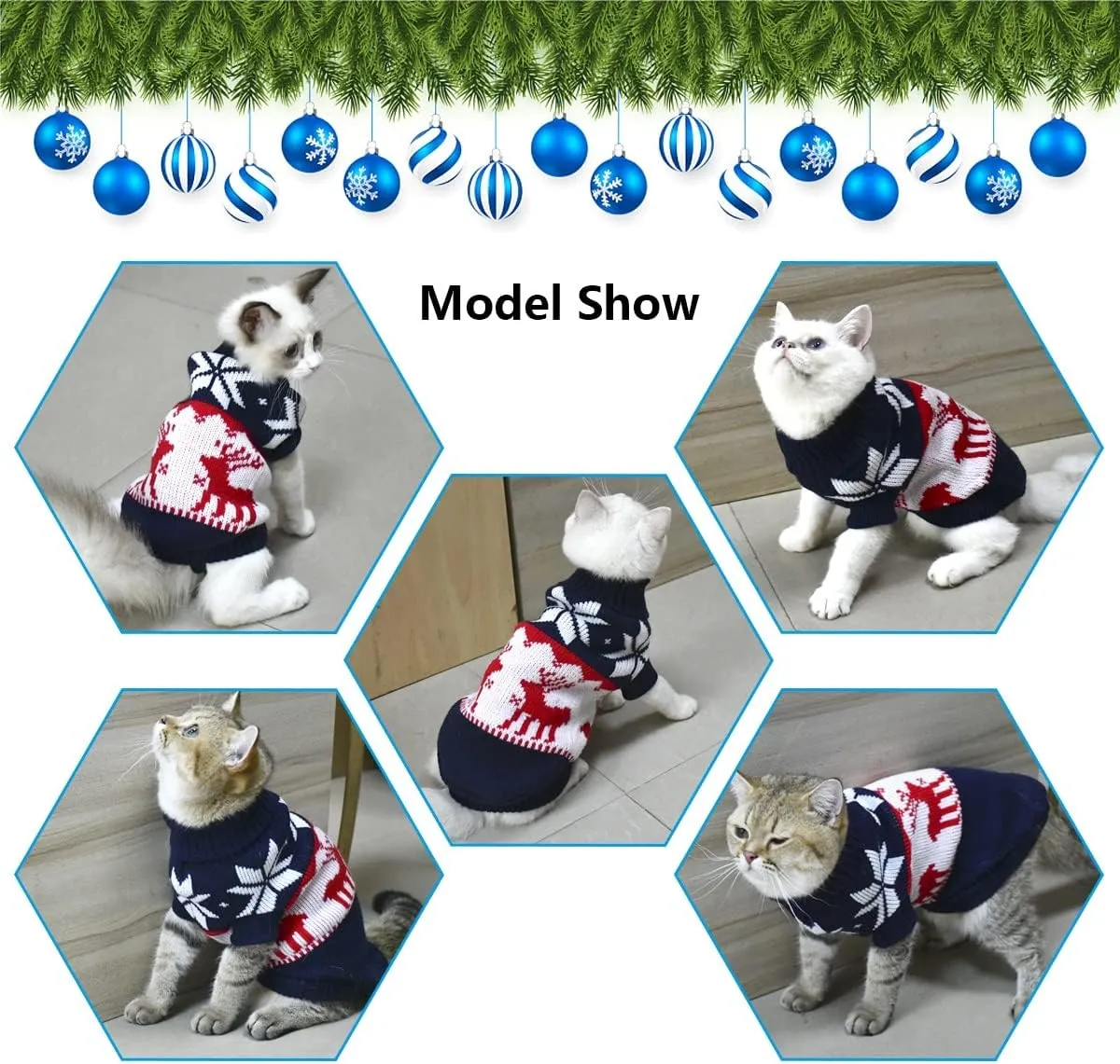 Vehomy Pet Puppy Christmas Sweater Cat Winter Knitwear Xmas Clothes Navy Blue Sweater with Reindeers Snowflakes Pattern Dog Warm Argyle Sweater Coat for Kittens Small Dogs Cats XXL